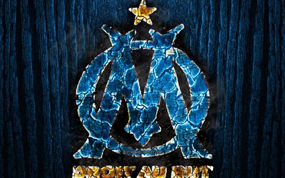 Olympique de Marseille, scorched logo, Ligue 1, OM, blue wooden background, french football club, Olympique Marseille FC, grunge, football, soccer, Olympique Marseille logo, fire texture, France