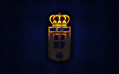 Real Oviedo, İspanyol Futbol Kul&#252;b&#252;, mavi metal doku, metal logo, 2 amblem, Oviedo, İspanya, UEFA, yaratıcı sanat, LaLiga2, futbol
