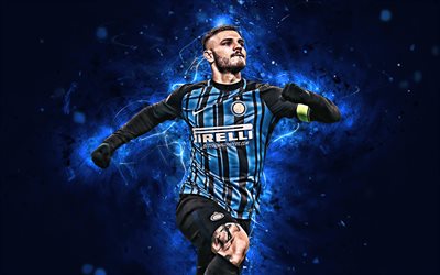 Yukarı, futbol yıldızları, Arjantinli futbolcu Mauro İcardi, 4k, Internazionale FC, yakın, İcardi, futbol, İtalya, neon ışıkları, Inter Milan FC Serisi