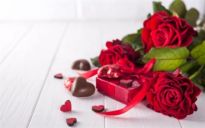Valentines Day, February 14, red roses, candies, gifts, romantic holidays, beautiful flowers, roses