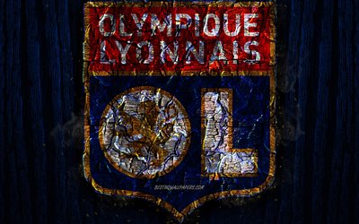Olympique Lyonnais, scorched logo, Ligue 1, OL, blue wooden background, french football club, Lyon FC, grunge, football, soccer, Olympique Lyonnais logo, fire texture, France