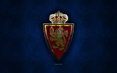 Real Zaragoza, İspanyol Futbol Kul&#252;b&#252;, mavi metal doku, metal logo, 2 amblem, Zaragoza, İspanya, UEFA, yaratıcı sanat, LaLiga2, futbol