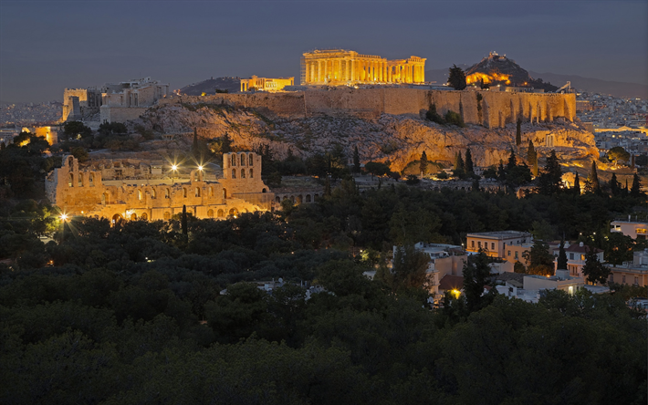 Atene, l&#39;Acropoli, il Partenone, la citt&#224; antica, Grecia, punto di riferimento, la sera, la citt&#224;