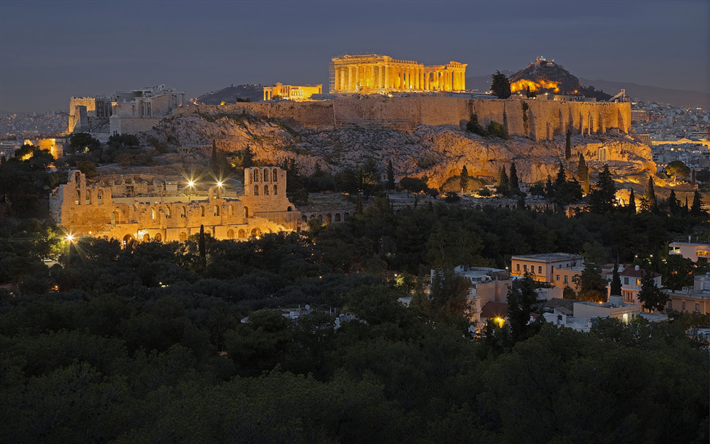 Ath&#232;nes, l&#39;Acropole, le Parth&#233;non, la ville antique, la Gr&#232;ce, point de rep&#232;re, le soir, la ville