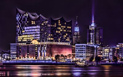 Elbphilharmonie, nightscapes, Elbe Filarmoni, Elbe Nehri, modern mimari, Hamburg, Almanya, Avrupa