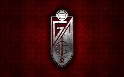 Granada FC, club de football espagnol, rouge m&#233;tal, texture, en m&#233;tal, logo, embl&#232;me, Grenade, Espagne, Liga 2, art cr&#233;atif, LaLiga2, football