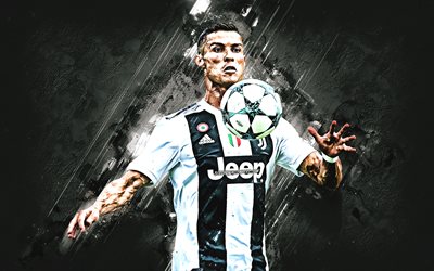 Cristiano Ronaldo avec ballon, grunge, la Juventus FC, CR7 de la Juve, les Bianconeri, les stars du football, footballeurs portugais, Cristiano Ronaldo, pierre noire, football, Serie A, Ronaldo, CR7, Italie