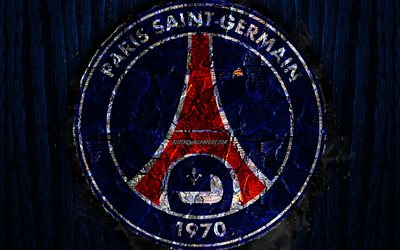 Paris Saint-Germain, br&#228;nda logotyp, Liga 1, bl&#229; tr&#228; bakgrund, franska fotbollsklubben, PSG FC, grunge, fotboll, PSG logotyp, brand konsistens, Frankrike