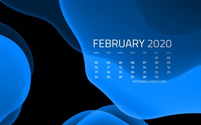 februar 2020 kalender, abstrakt, fl&#252;ssigkeit, hintergrund, 2020 kalender, kreativ, februar 2020 februar 2020 kalender mit abstraktion -, kalender-februar 2020, blauer hintergrund