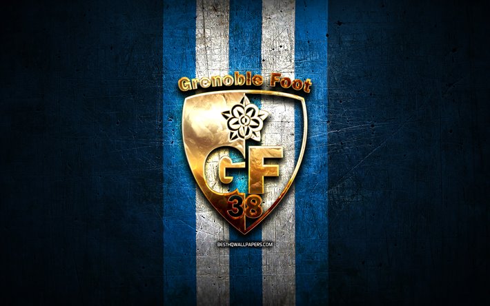 Grenoble Foot 38 FC, ouro logotipo, Liga 2, metal azul de fundo, futebol, Grenoble Foot 38, clube de futebol franc&#234;s, Grenoble Foot 38 logotipo, Fran&#231;a, GF38