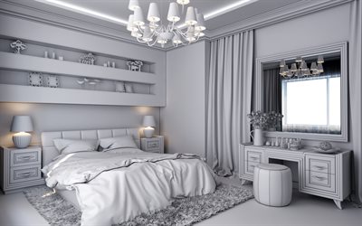 gray stylish bedroom interior, modern interior design, classic style bedroom, bedroom in gray, bedroom project
