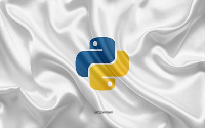 Python logo, white silk texture, Python emblem, programming language, Python, silk background