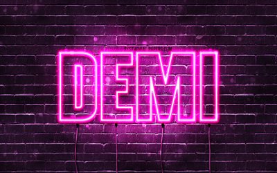Demi, 4k, wallpapers with names, female names, Demi name, purple neon lights, horizontal text, picture with Demi name