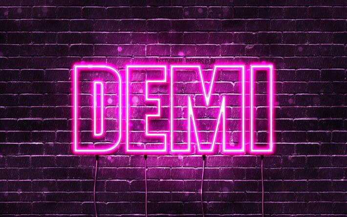 Demi, 4k, fondos de pantalla con los nombres, los nombres femeninos, Demi nombre, p&#250;rpura luces de ne&#243;n, el texto horizontal, imagen con Demi nombre