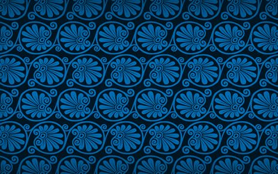 bleu motif floral, 4k, floral grec ornements, fond avec ornement floral, floral de textures, de motifs floraux, bleu, floral, fond, grec ornements