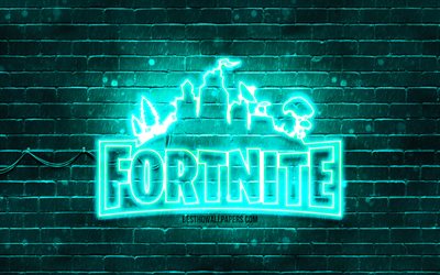 Fortnite turquoise logo, 4k, turquoise brickwall, Fortnite logo, 2020 games, Fortnite neon logo, Fortnite