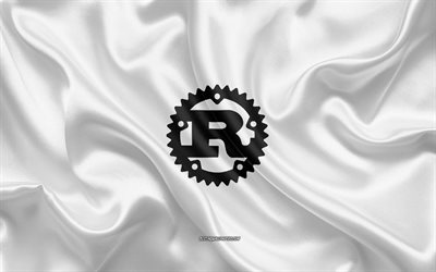 Rust logo, white silk texture, Rust emblem, programming language, Rust, silk background