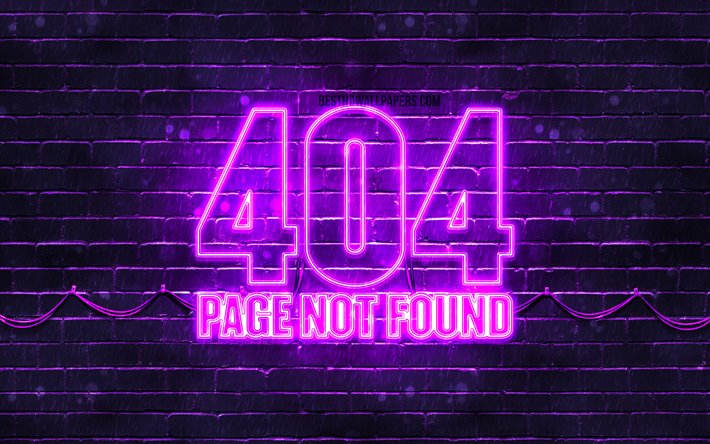 404 صفحة لم يتم العثور على الشعار البنفسجي, 4k, البنفسجي brickwall, 404 صفحة لم يتم العثور على الشعار, العلامات التجارية, 404 صفحة لم يتم العثور على رمز النيون, 404 لم يتم العثور على الصفحة