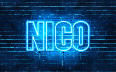 Nico, 4k, taustakuvia nimet, vaakasuuntainen teksti, Nico nimi, blue neon valot, kuva Nico nimi
