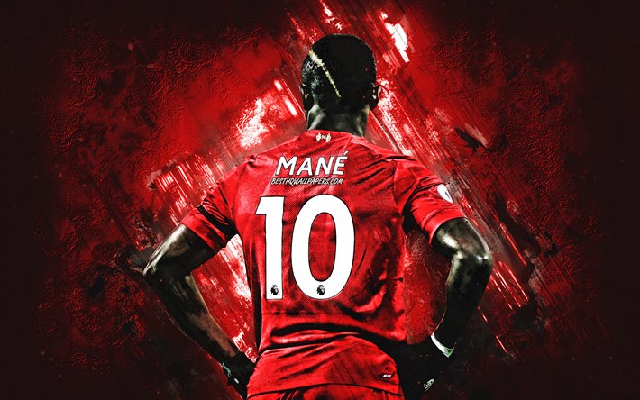 Sadio Mane, Liverpool FC, portrait, Senegalese soccer player, midfielder, red stone background, England, football
