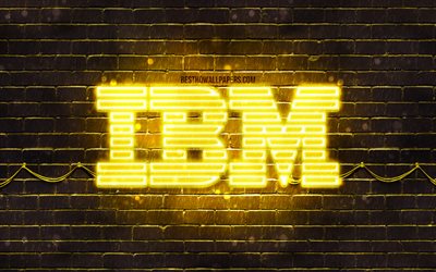 IBM logo amarillo, 4k, amarillo brickwall, logotipo de IBM, marcas, IBM ne&#243;n logotipo de IBM