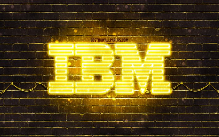 IBM yellow logo, 4k, yellow brickwall, IBM logo, brands, IBM neon logo, IBM