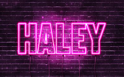 Haley, 4k, wallpapers with names, female names, Haley name, purple neon lights, horizontal text, picture with Haley name