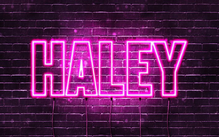 Haley, 4k, sfondi per il desktop con i nomi, nomi di donna, Haley nome, viola neon, orizzontale del testo, dell&#39;immagine con nome Haley