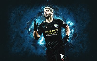 Sergio Aguero, Manchester City FC, portrait, black uniform Manchester City, blue stone background, Premier League, England, football