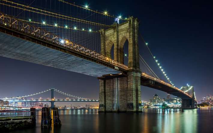 Brooklyn Bridge, suspension bridge, New York, East River, night, city lights, night New York cityscape, New York City, USA