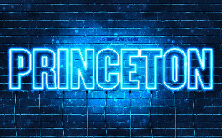 Princeton, 4k, taustakuvia nimet, vaakasuuntainen teksti, Princeton nimi, blue neon valot, kuva Princeton nimi
