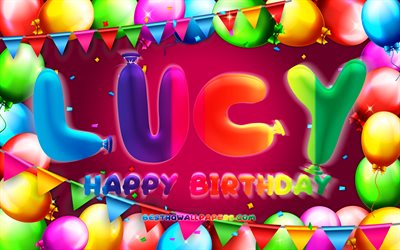 お誕生日おめでルーシー, 4k, カラフルバルーンフレーム, ルーシーの名前, 紫色の背景, ルーシーお誕生日おめで, ルーシーに誕生日, ドイツの人気女性の名前, 誕生日プ, ルーシー