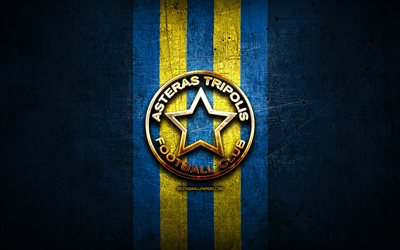 Asteras Tripolis FC, golden logo, Super League Greece, blue metal background, football, Asteras Tripolis, greek football club, Asteras Tripolis logo, soccer, Greece