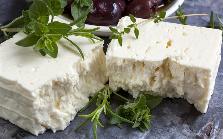 Queso Feta, 4k, macro, griego quesos, queso feta, queso, rodajas de queso feta
