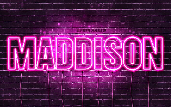 Maddison, 4k, taustakuvia nimet, naisten nimi&#228;, Maddison nimi, violetti neon valot, vaakasuuntainen teksti, kuva Maddison nimi
