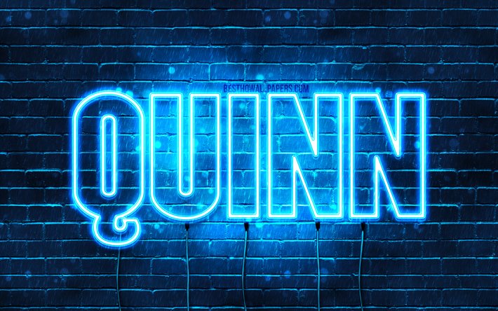 Quinn, 4k, fondos de pantalla con los nombres, el texto horizontal, Quinn nombre, luces azules de ne&#243;n, de la imagen con el nombre de Quinn