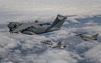 Airbus A400M Atlas, Spanish Air Force, military transport aircraft, Army of the Air, Spanish Armed Forces, F-18, McDonnell Douglas FA-18 Hornet, refueling two airplanes in the sky