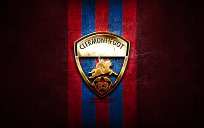 Clermont Foot 63 FC, golden logo, Ligue 2, purple metal background, football, Clermont Foot 63, french football club, Clermont Foot 63 logo, soccer, France, GF63