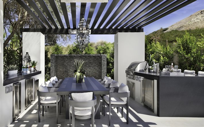stylish veranda design, gray stylish furniture, black glass chandelier, modern interior design