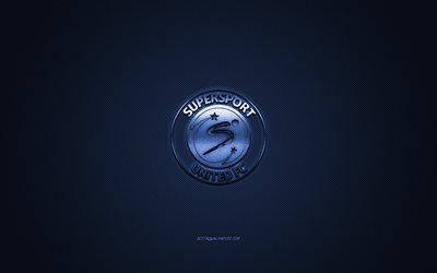 SuperSport United FC, South African football club, South African Premier Division, blue logo, blue carbon fiber background, football, Pretoria, South Africa, SuperSport United FC logo