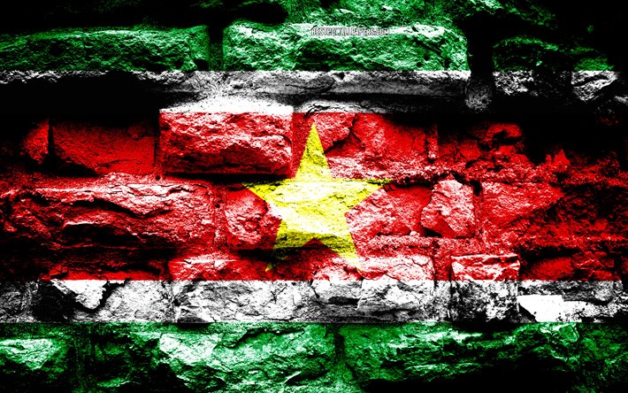 Suriname flag, grunge brick texture, Flag of Suriname, flag on brick wall, Suriname, Europe, flags of South American countries