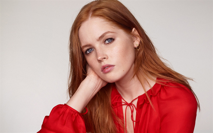 Ellie Bamber, english actress, portrait, red dress, red-haired woman, make-up