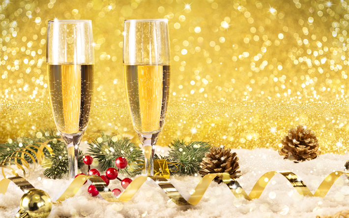 Feliz Ano Novo, 4k, natal, champanhe, Natal, decora&#231;&#245;es de natal, Ano Novo