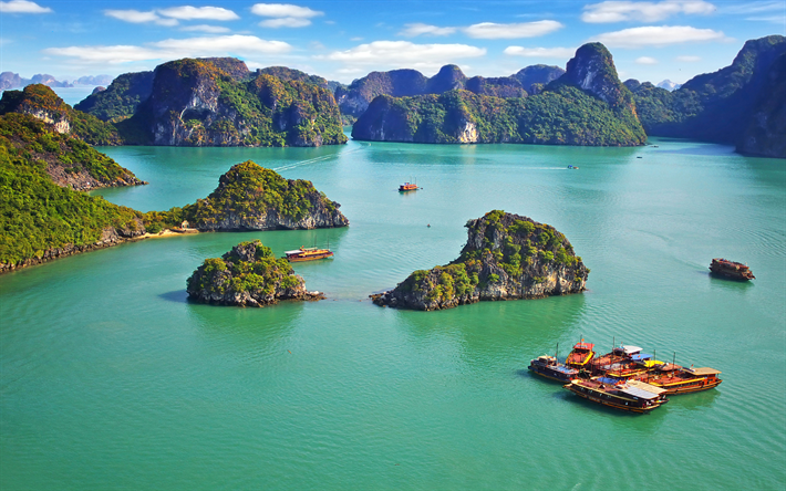Ha Long Bay, sea, 4k, mountains, islands, Asia, Vietnam
