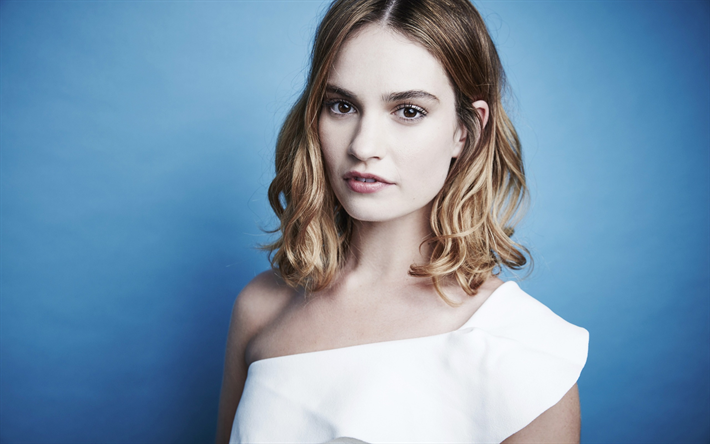 Lily James, white dress, British actress, portrait, blonde