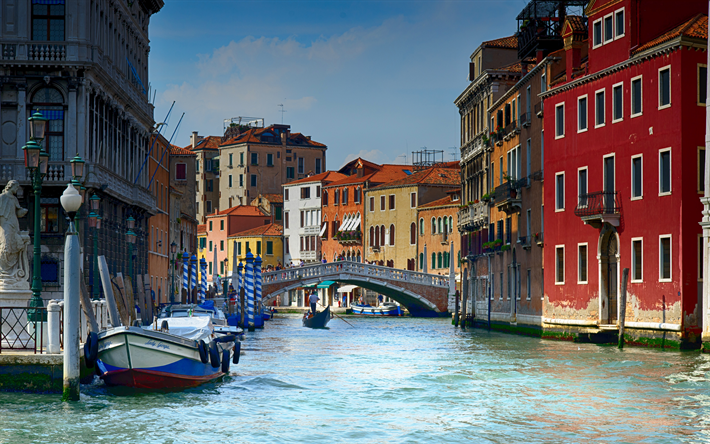 Venedik, 4k, kanal, gondol, su, Avrupa, İtalya