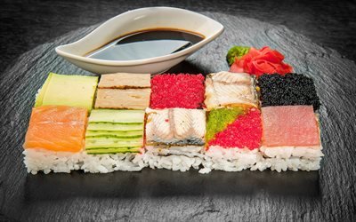 olika sushi, Japansk mat, fisk och skaldjur, Japanska r&#228;tter, rullar, r&#246;d kaviar, svart kaviar, sushi