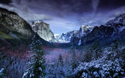 Yosemite Valley, 4k, winter, american landmarks, Yosemite National Park, forest, California, USA, America
