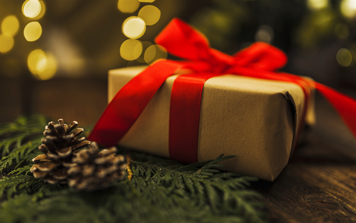 Presente de natal, de seda vermelha arco, caixa de presente, noite, Ano Novo, Natal, cones