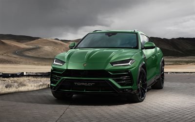 Lamborghini Urus, 2018, TopCar, framifrån, tuning Urus, nya gröna Urus, sport delningsfilter, Lamborghini